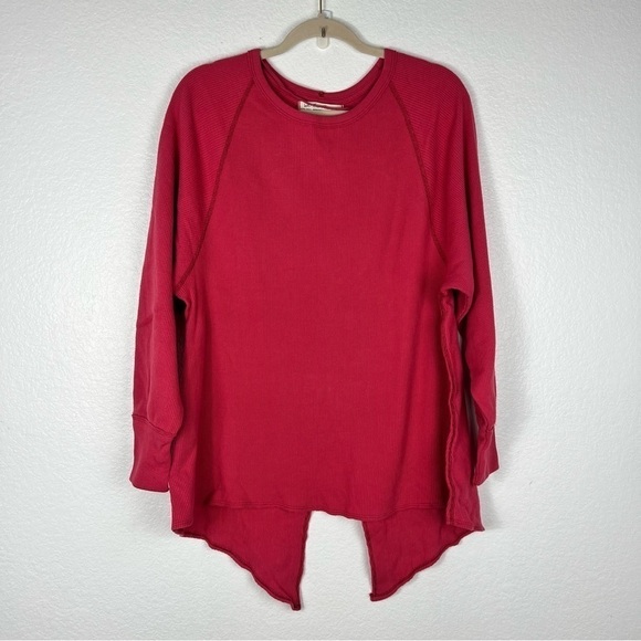FREE PEOPLE Top Womens Pink Waffle AMELIA THERMAL Flowy Oversized Slit size XS - Picture 2 of 7